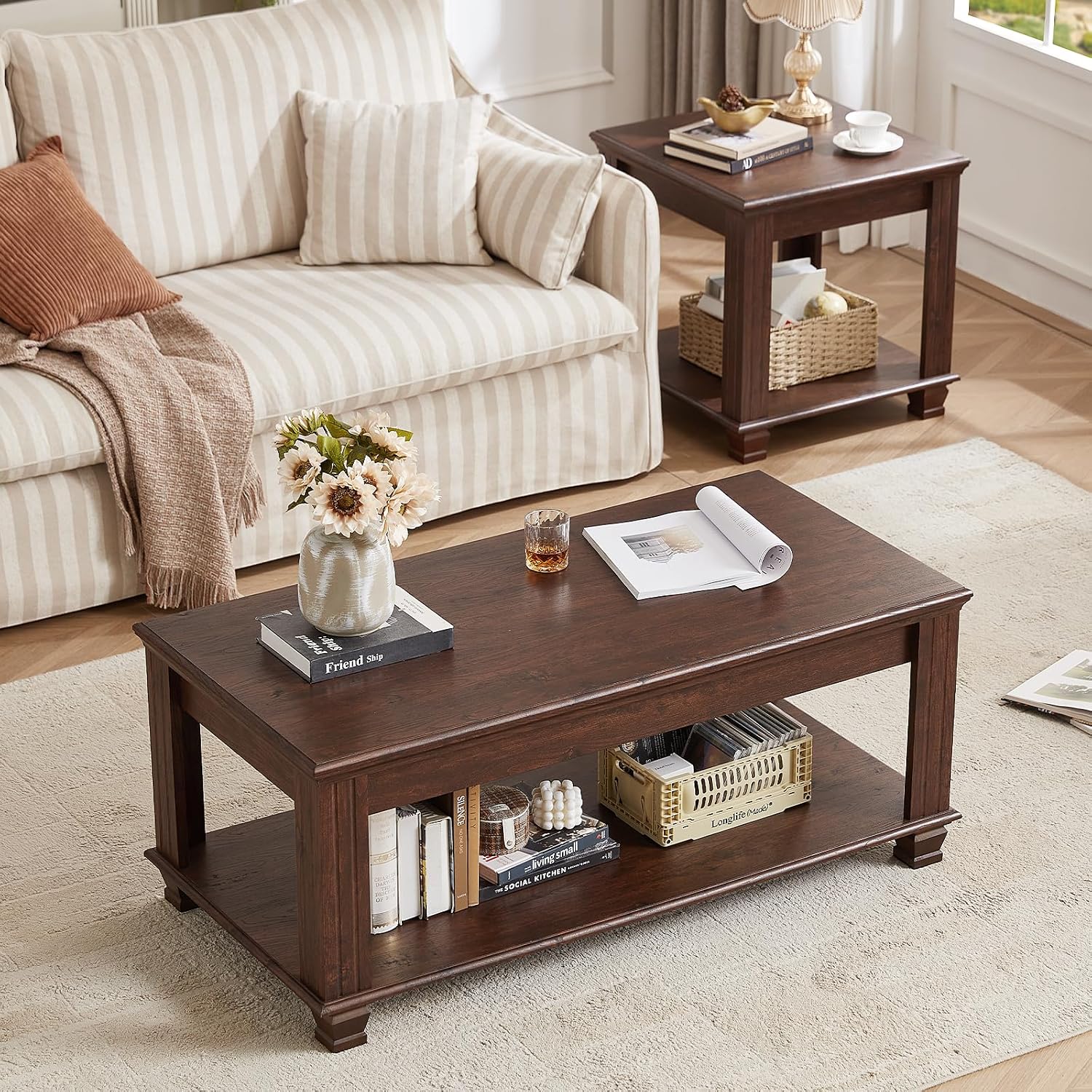 SAVOR LIFE Farmhouse Coffee Table Set of 3,Rustic Wooden Living Room Table Set,Large Coffee/End Side Tables with Open Shelf for Living Room,Walnut