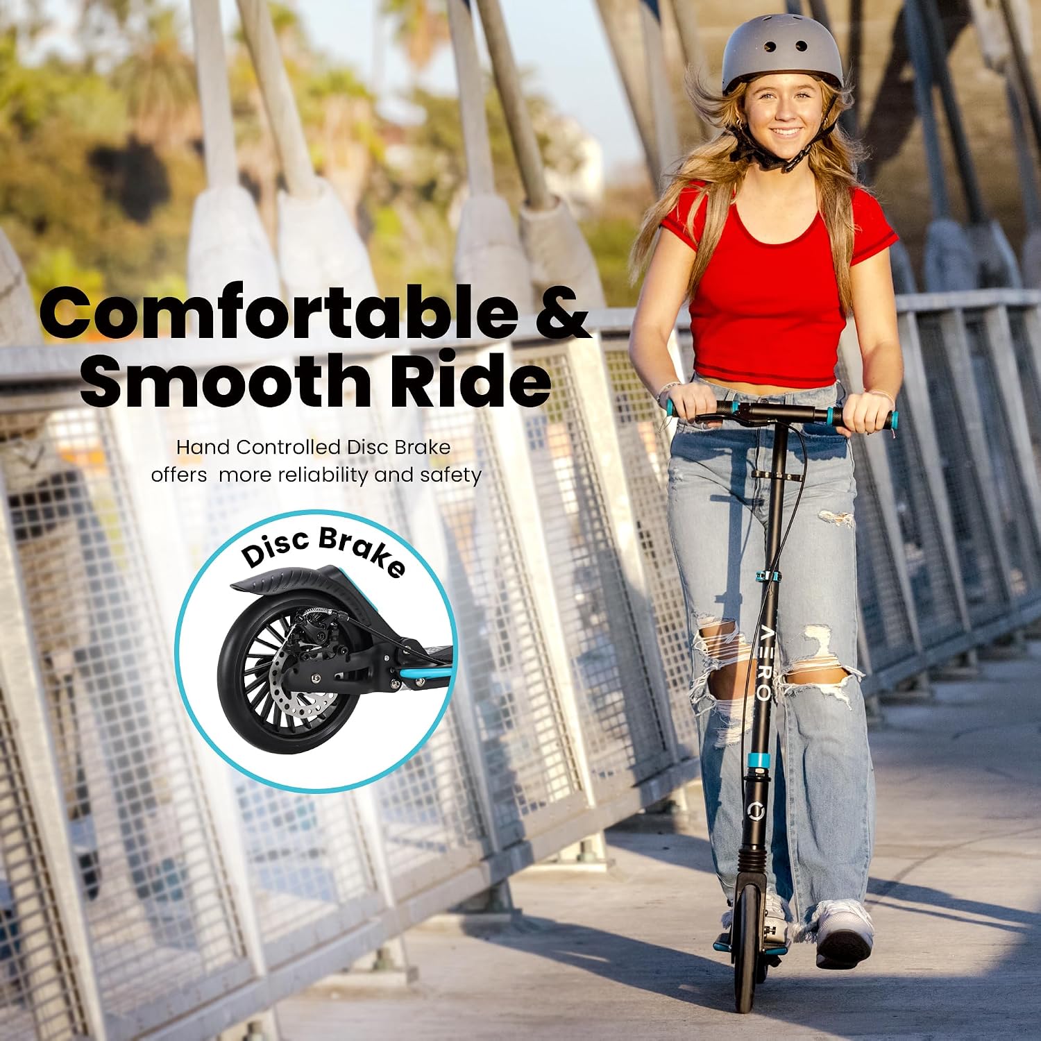 AERO MOBILITY Big Wheel Kick Scooter for Kids 6-12, Teens & Adults | Light Up Wheels | Hand Controlled Brake | Shock Absorption | Rubber Deck Mat | Foldable & Height Adjustable