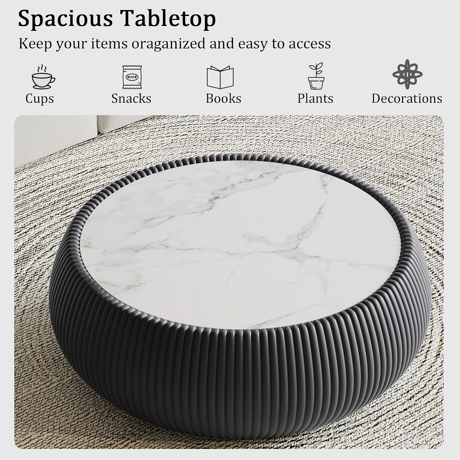Grey Round Coffee Table with Sintered Stone Tabletop, 27.55' Drum Coffee Table with Fluted PU Leather Covered and Stable Base, Circle Cocktail Tea Table for Living Room