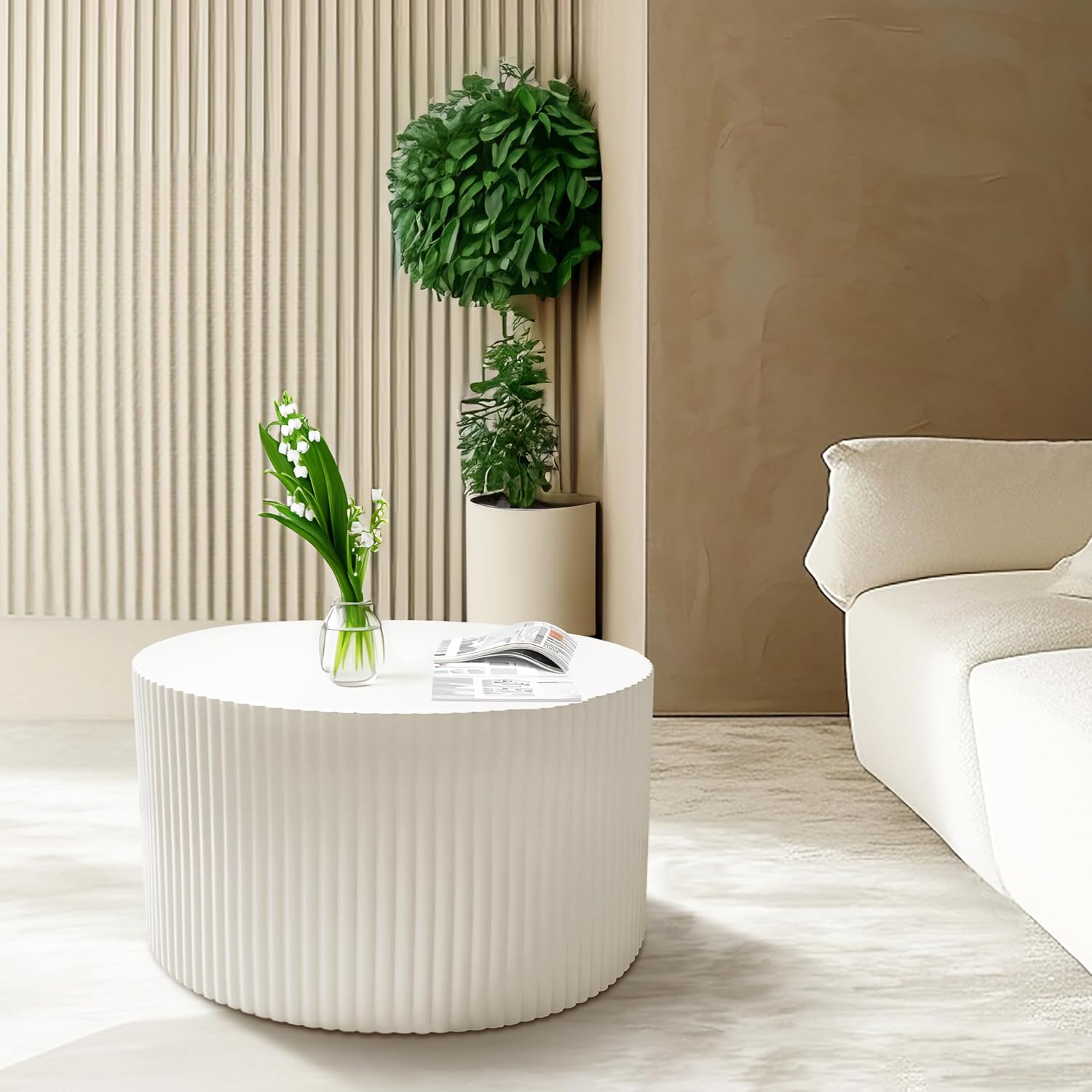 Nesting Coffee Table Set of 2, Modern Drum Side End Wave Stripe Round Coffee Table for Living Room, Bedroom, Beige