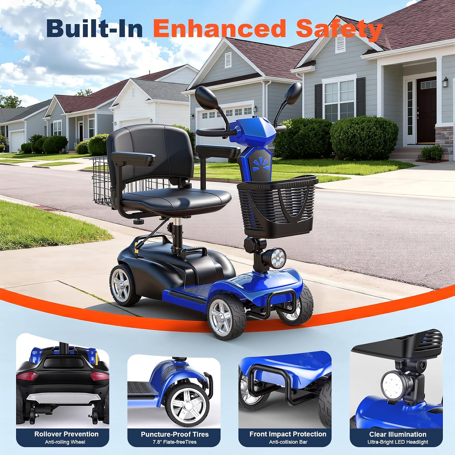 15/25/30/50Miles Eldryvon 4 Wheels Electric Mobility Scooter for Seniors, Dual Basket, 350W Powered Wheelchair with Rotating Seat, Mirrors, Foldable Motorized Scooter for Adults (Blue, 25Miles)