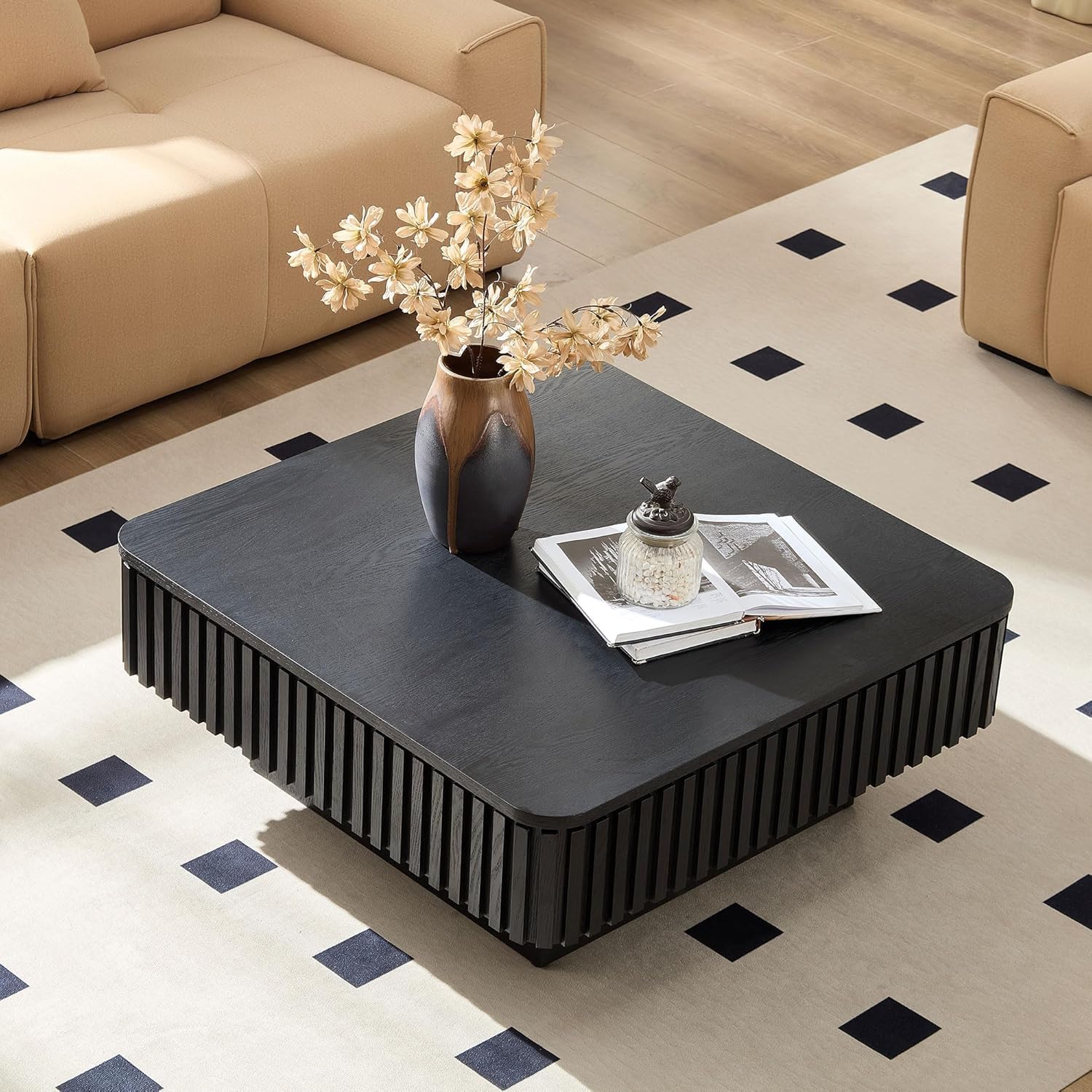 35.43'' Square Coffee Table with Lifting Top for Living Room Lift Top Coffee Table with Storage Larger Fluted Coffee Tables Modern Smart Center Tables for Apartment Black Wood