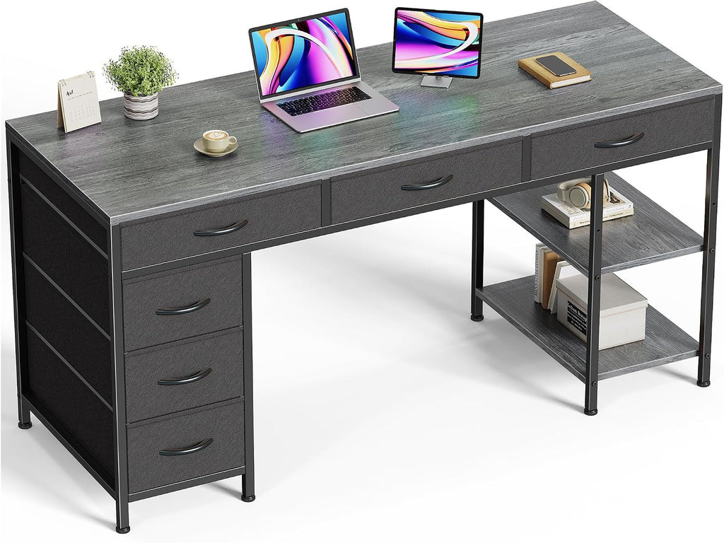 Huuger Computer Desk with 6 Drawers, Office Desk with Shelves, Reversible Gaming Desk, Corner Desk with Storage, Work for Home Office, Study, Living Room, 54inch, Grey
