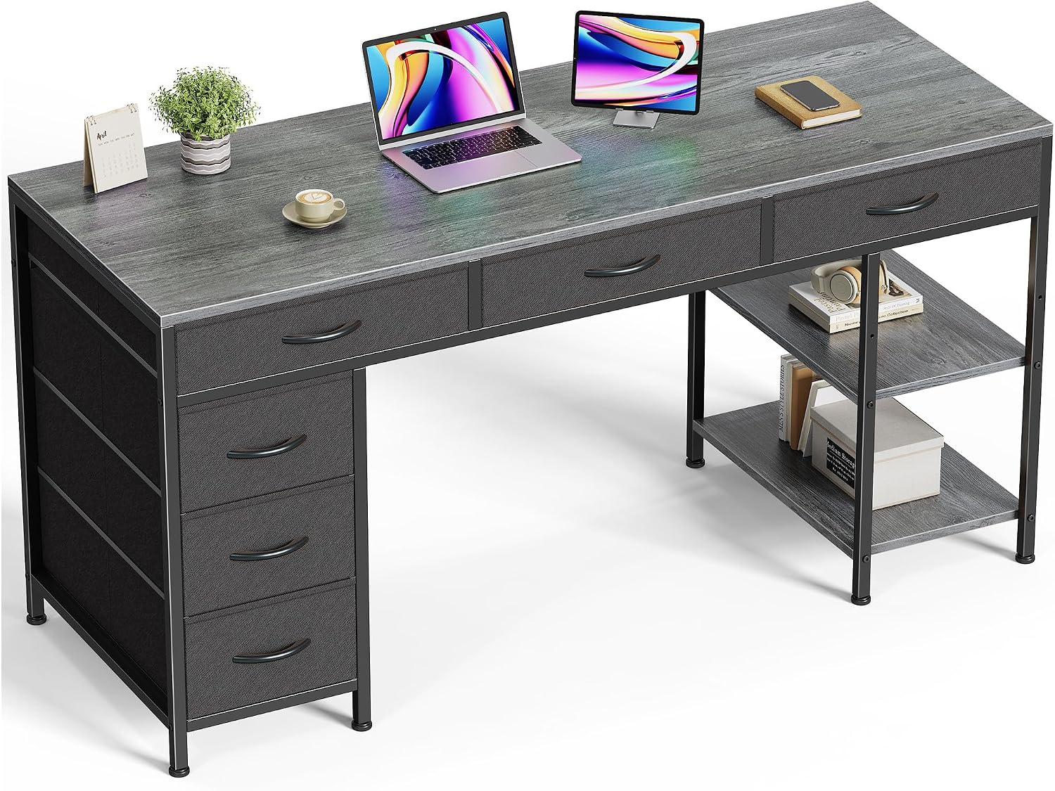 Huuger Computer Desk with 6 Drawers, Office Desk with Shelves, Reversible Gaming Desk, Corner Desk with Storage, Work for Home Office, Study, Living Room, 54inch, Grey