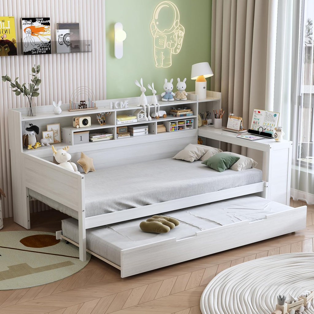Bellemave Twin Corner Bed Frame with Storage Shelves and Desk, Wood Twin Size Daybed with Bookcase and Trundle, Antique White