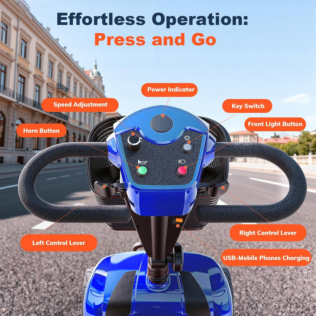15/25/30/50Miles Eldryvon 4 Wheels Electric Mobility Scooter for Seniors, Dual Basket, 350W Powered Wheelchair with Rotating Seat, Mirrors, Foldable Motorized Scooter for Adults (Blue, 30Miles)