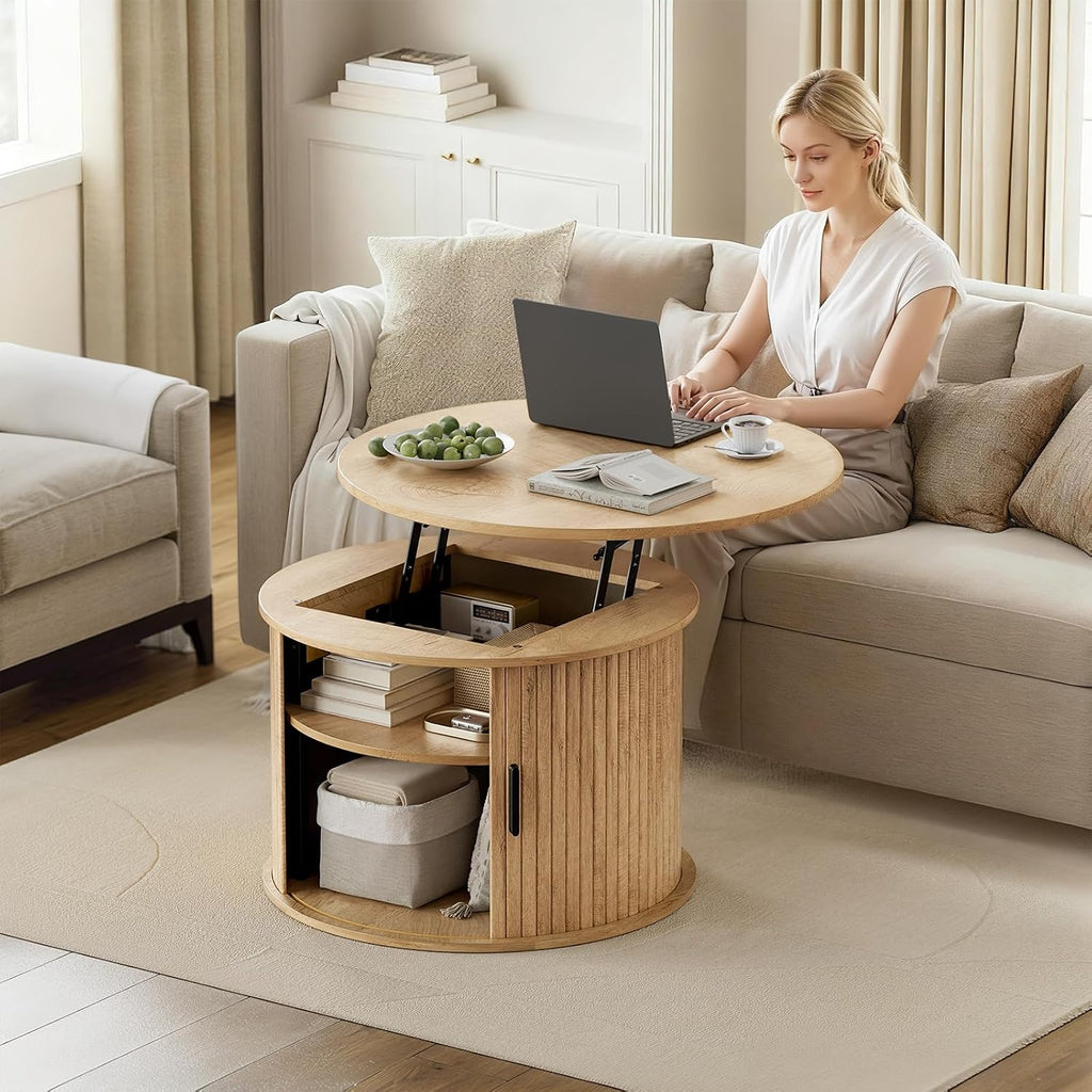 FABATO Round Lift Top Coffee Table, Fluted Wood Accent Coffee Table with Hidden Storage and Open Shelves, Drum Table with Sliding Rolling Door, Small Center Table Dining Table for Living Room, Wood