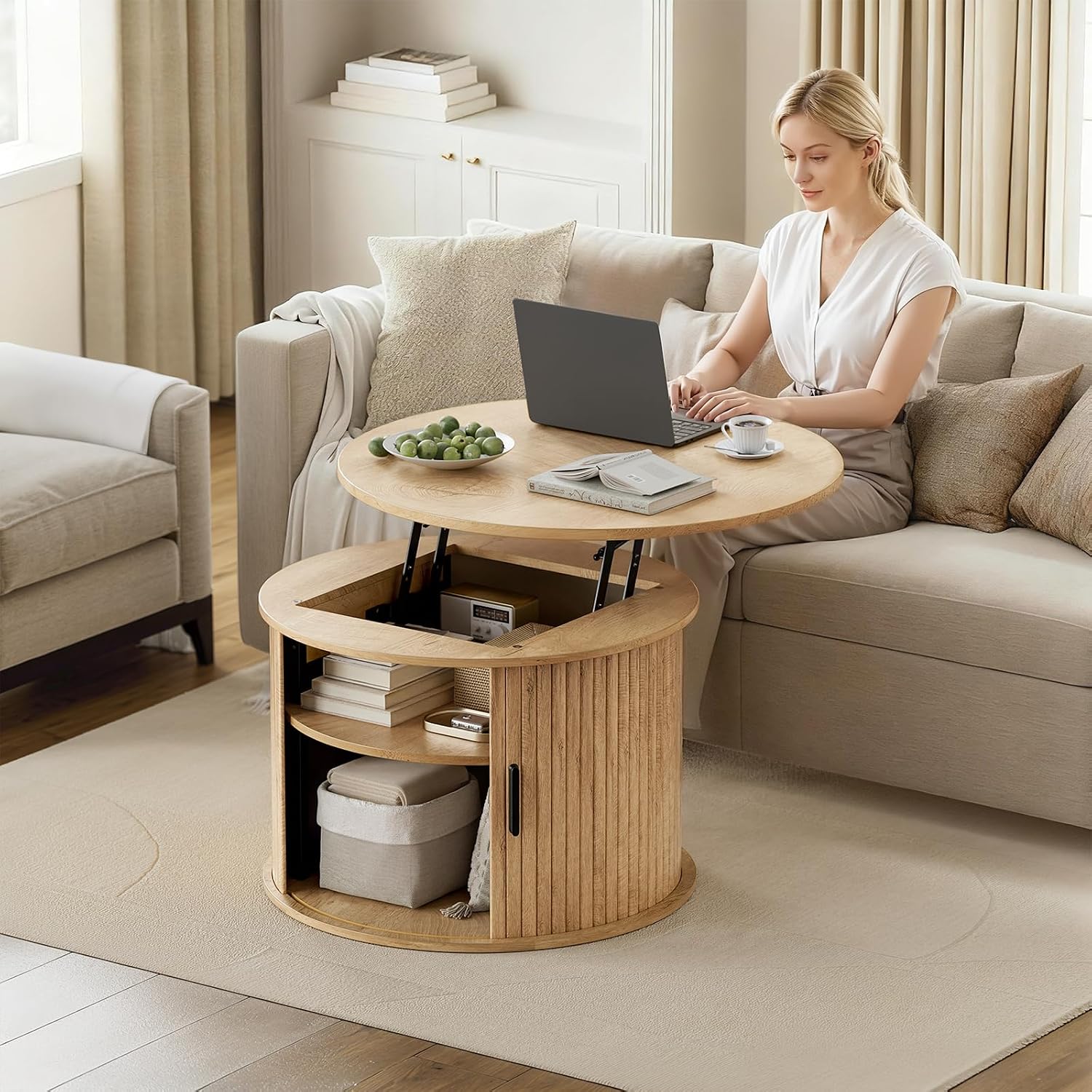 FABATO Round Lift Top Coffee Table, Fluted Wood Accent Coffee Table with Hidden Storage and Open Shelves, Drum Table with Sliding Rolling Door, Small Center Table Dining Table for Living Room, Wood