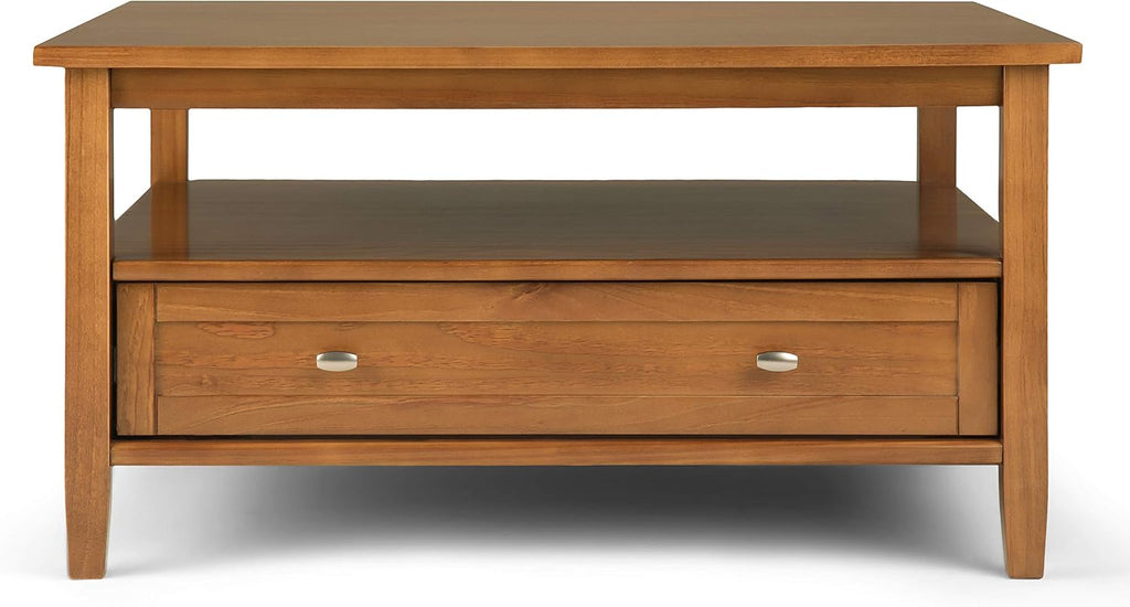 SIMPLIHOME Warm Shaker Square Coffee Table - 36 inch Wide Solid Wood Cocktail Table in Light Golden Brown, Transitional Living Room Table with Large Storage Drawer and Open Shelf for Sitting Area