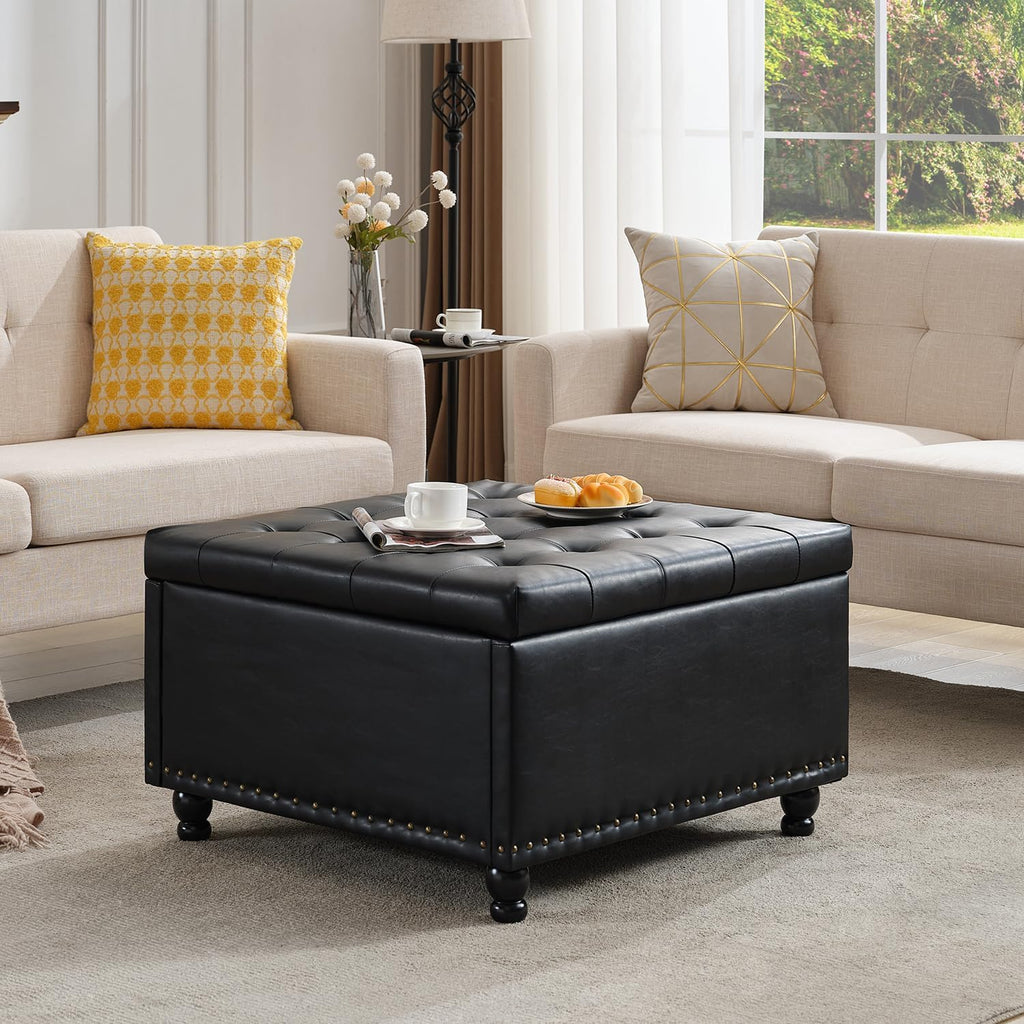 Tbfit 30' Large Square Ottoman Coffee Table with Storage, Oversized Tufted Upholstered Ottomans Bench with Solid Wood Legs for Living Room, Dorm, Leather Foot Stool for Couch Sofa Toy Box, Black