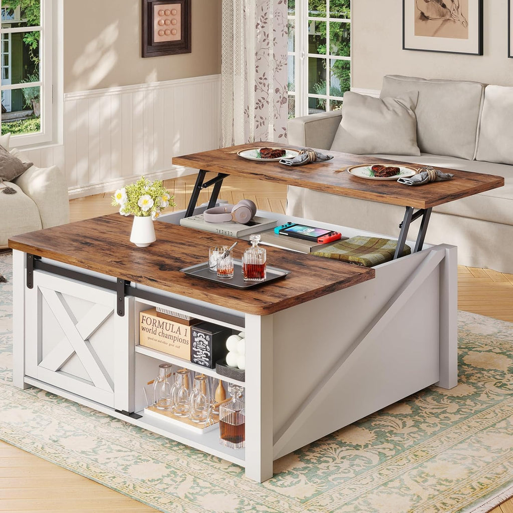 SEDETA 31.5' Lift Top Coffee Table with Storage, Square Coffee Tables for Living Room, Farmhouse Coffee Table with Large Hidden Storage Compartment and Adjustable Shelves, White