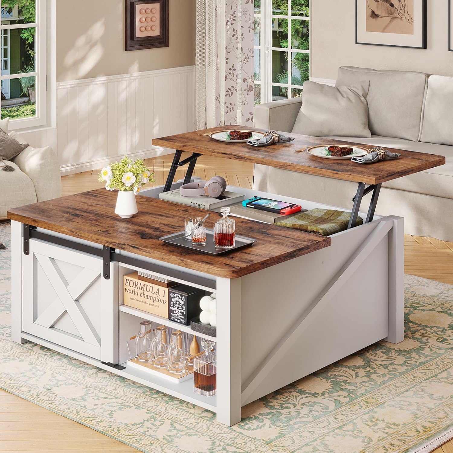 SEDETA 31.5' Lift Top Coffee Table with Storage, Square Coffee Tables for Living Room, Farmhouse Coffee Table with Large Hidden Storage Compartment and Adjustable Shelves, White