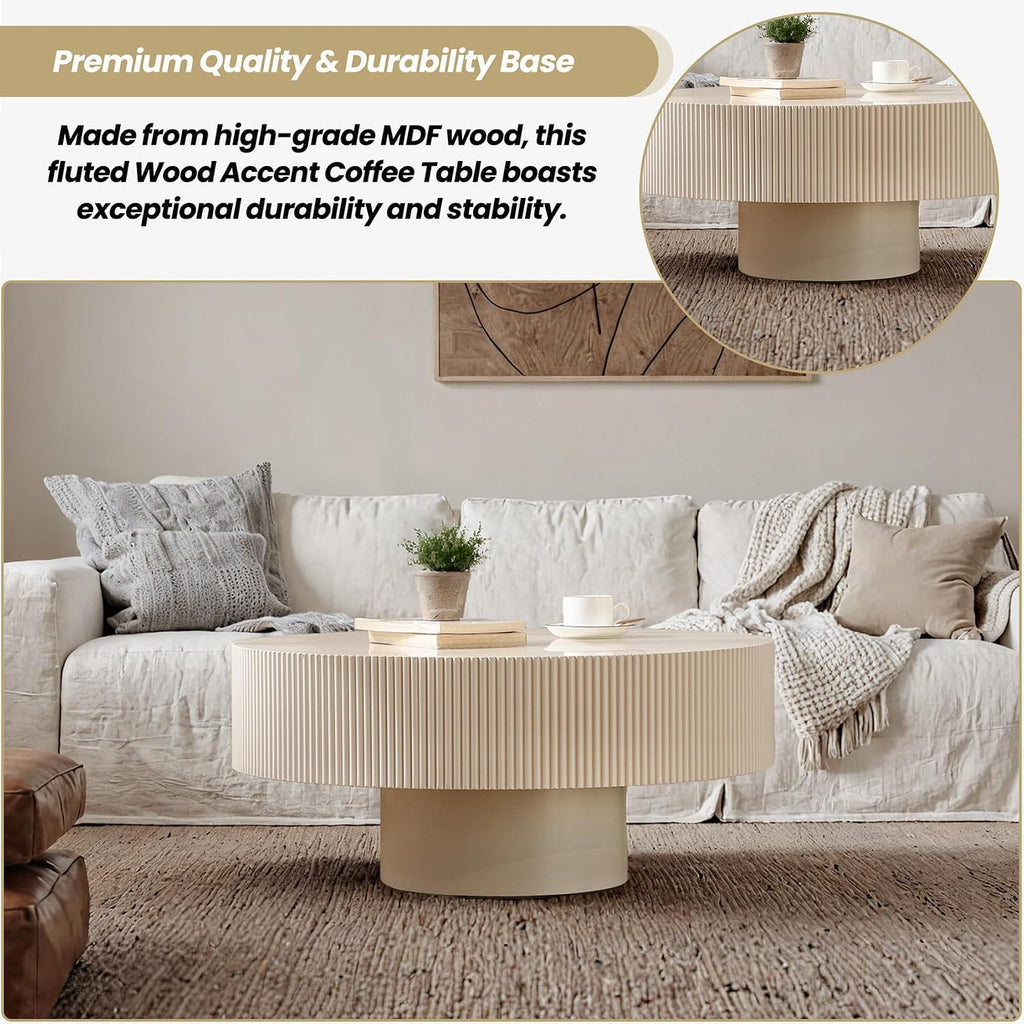 Round Drum Coffee Table with Sturdy Pedestal, Modern Wooden Fluted Coffee Table, Circle Center Table Accent Tea Table for Living Room Apartment Office Reception Room (Beige D30.9)