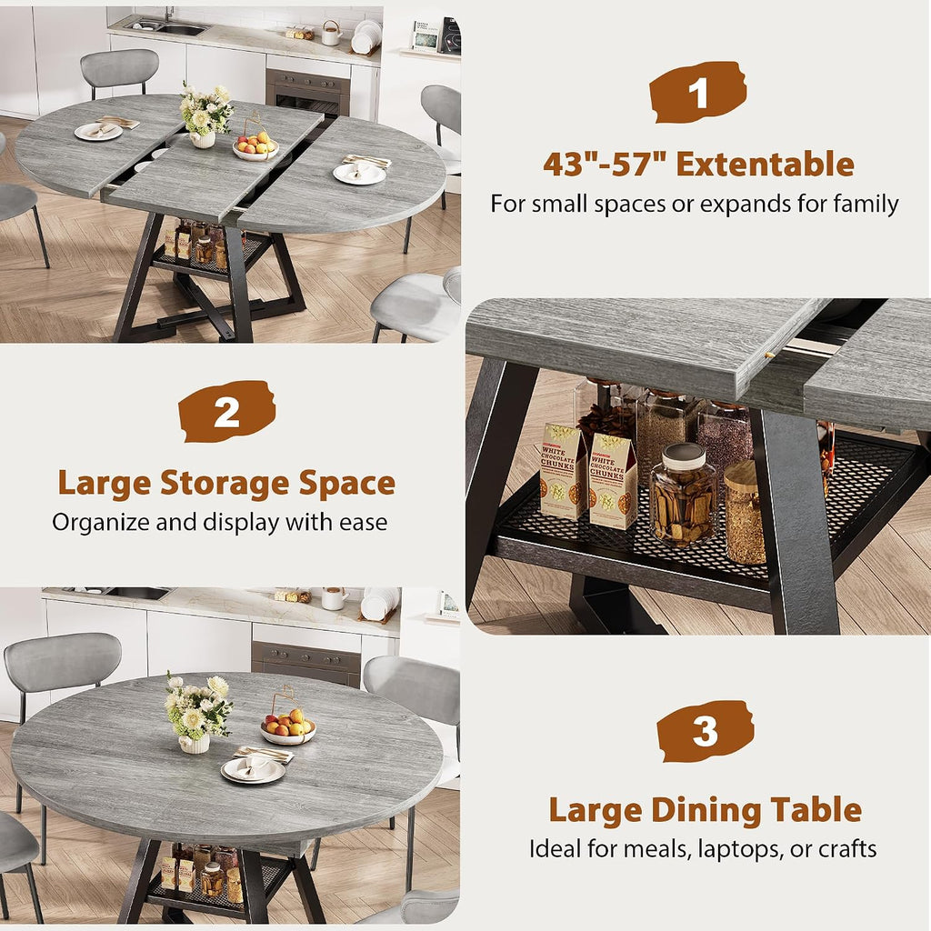 43''-57'' Extendable Round Dining Table for 4-6, Modern Industrial Kitchen Oval Dining Table with Removable Leaves, Space Saving Pedestal Base with Storage Shelf for Kitchen Living Room (Grey)