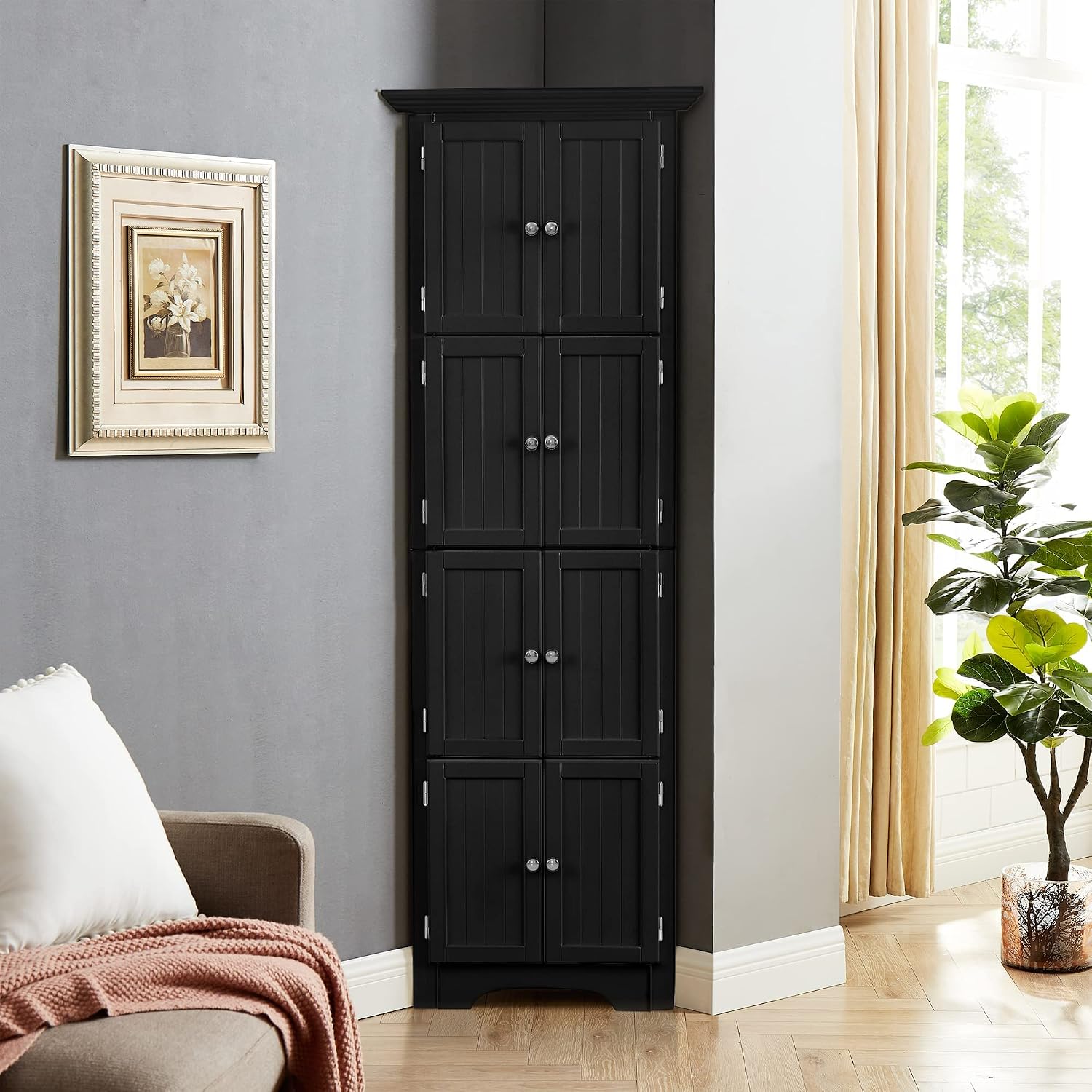 Tall Corner Storage Cabinet with Doors and 4 Shelves, Freestanding Triangle Cabinet for Living Room, Kitchen, Office, Small Space, Floor Corner Storage Rack (Black)