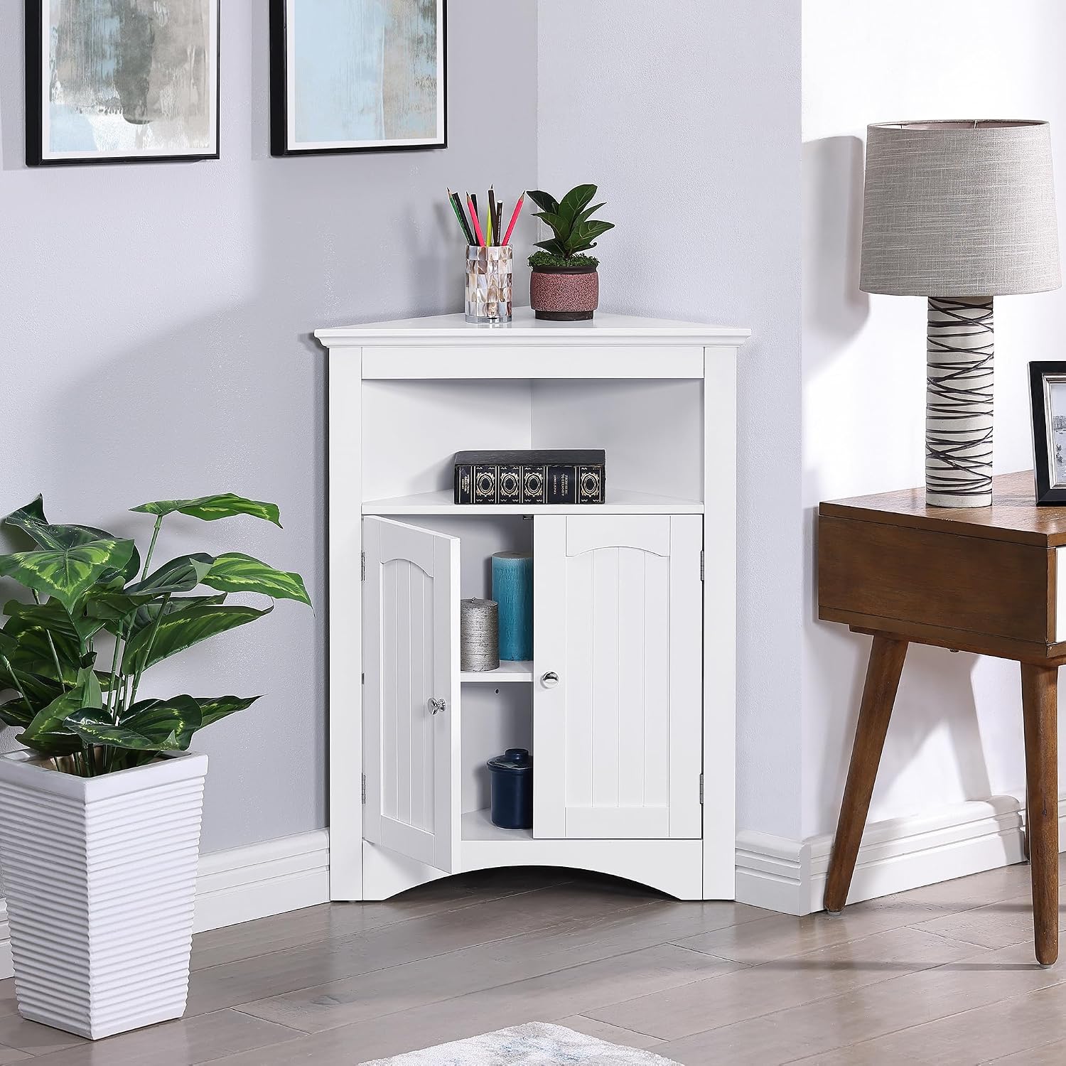 Small Corner Storage Cabinet with Doors and Adjustable Shelves Bathroom Corner Floor Cabinet for Living Room, Bathroom, Kitchen - White