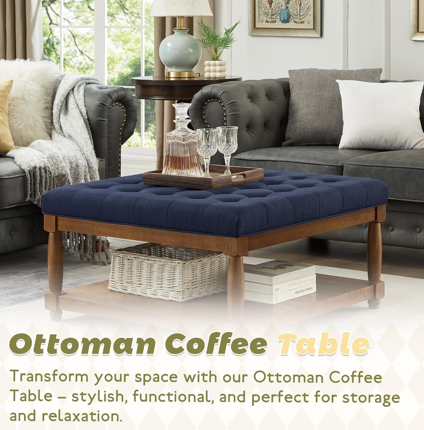 Ottoman Coffee Table, Upholstered Square Coffee Table with Storage Solid Wood Shelf, Linen Large Footrest Ottoman Pouf for Living Room, Navy Blue