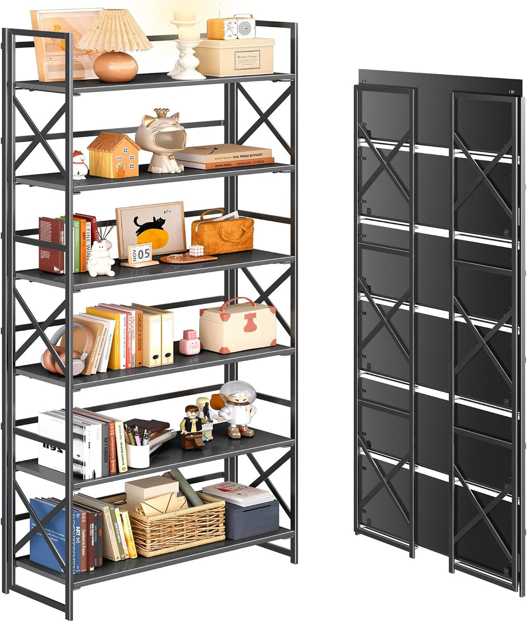 4NM Extra Wide 6 Tiers No Assembly Book Shelves, 61.8' H Folding Bookshelf Bookcase Open Industrial Foldable Shelves for Bedroom, Living Room, Home Office - All Black
