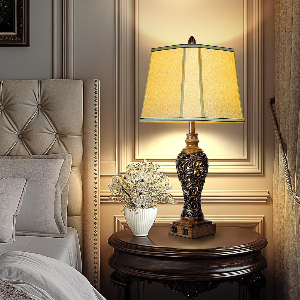 28.5'' Tall Farmhouse Vintage Table Lamp Set of 2 with Faux Silk Shade USB Ports Nightlight Decor for Bedside Living Room Bedroom Nightstands Office Home, Dark Bronze(Bulbs Included)