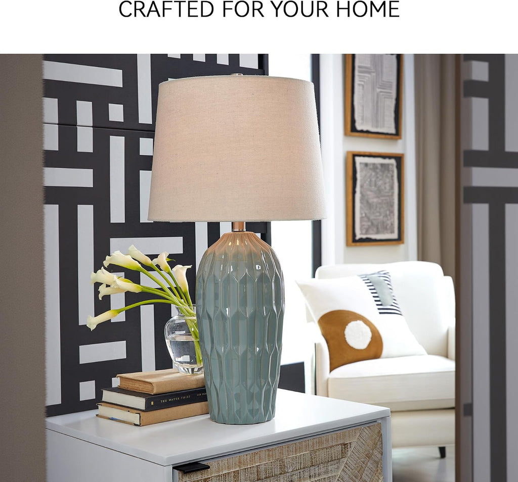 Signature Design by Ashley Hadbury Contemporary Ceramic Table Lamp Set with 3-Way Switch, Set of 2, Light Green & Beige