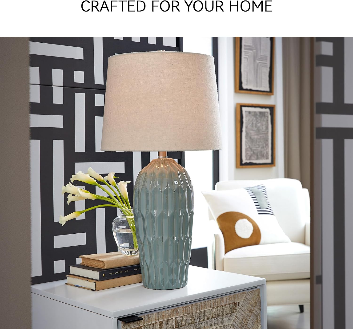 Signature Design by Ashley Hadbury Contemporary Ceramic Table Lamp Set with 3-Way Switch, Set of 2, Light Green & Beige