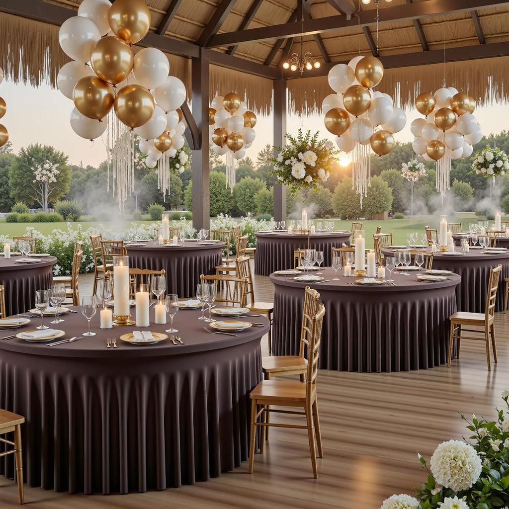 leegleri 6 Pack Spandex Brown Round Tablecloths for 60in Tables, Stretchy 120inch Fitted 5FT Round Table Cloths, Wrinkle Free Table Cover with Skirt for Wedding Birthday Party Bridal Shower Banquet