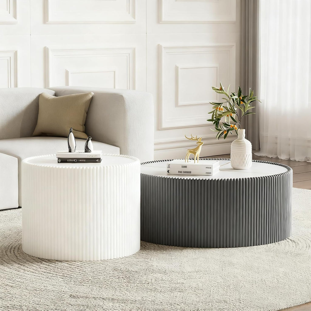 Round Coffee Table Set with Sintered Stone Tabletop, 29.52' Grey Drum Center Table and 17.71' White Coffee Table Set, 2 Pieces Living Room Table Set with Fluted PU Leather Cover& Stable Base