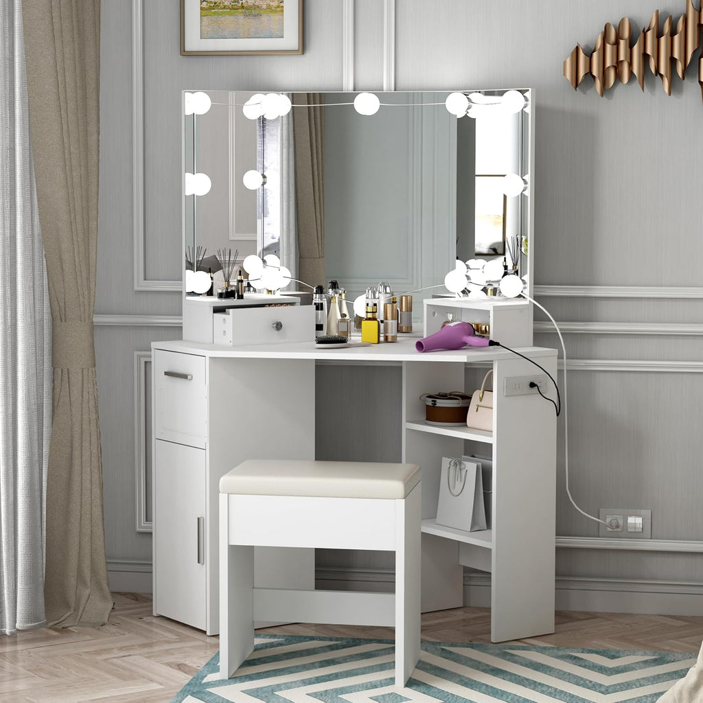 Corner Vanity Desk with Mirror & Lights, Makeup Table Set with Lighted Mirror, 3 Adjustable Lighting Colors, Cushioned Stool, 5 Drawers & Shelves, Bedroom Dressing Table for Women, Black