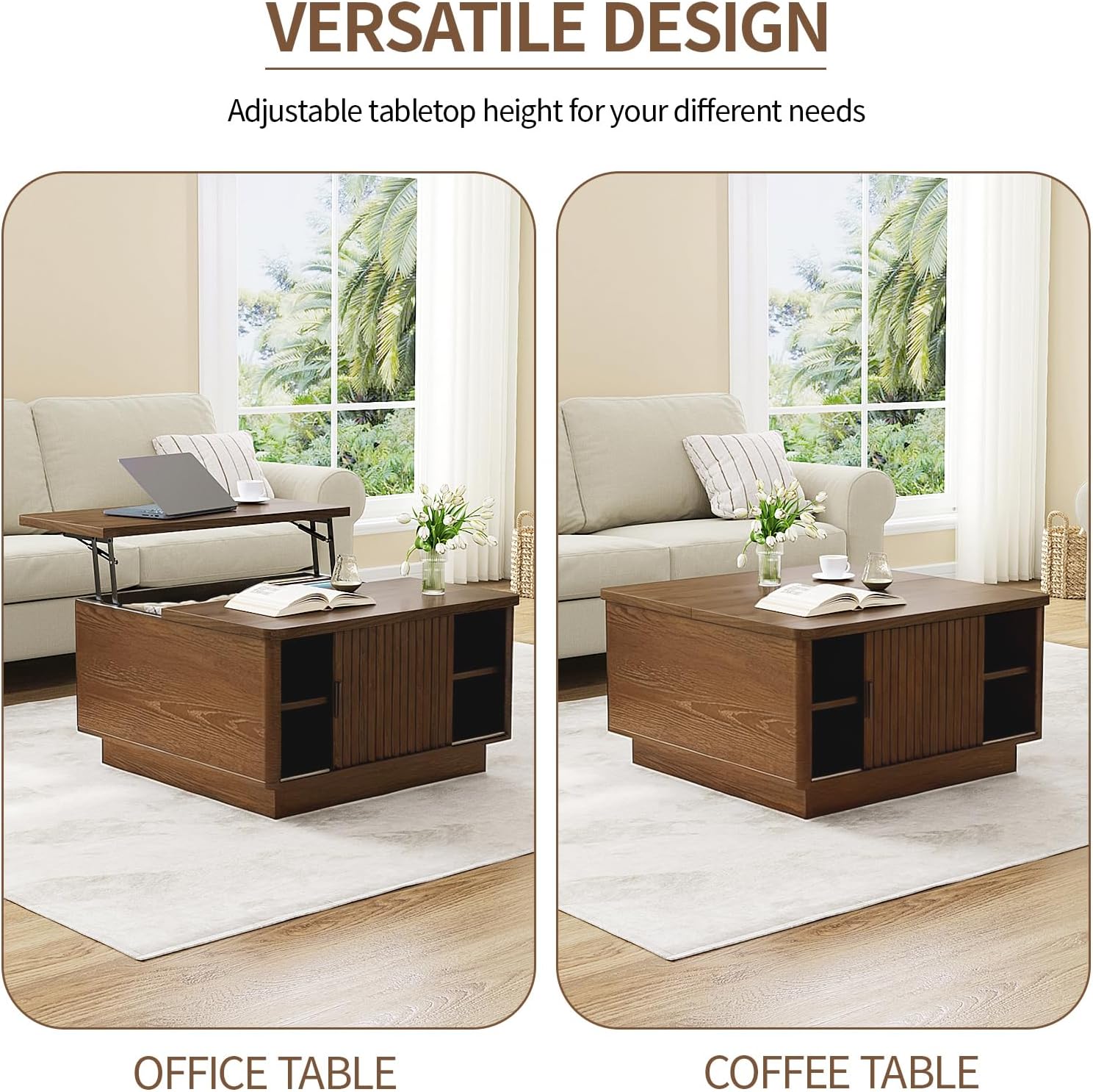 Lift Top Coffee Table with Storage, 31.5' Fluted Square Coffee Tables for Living Room, Home Office, Large Hidden Storage Compartment, Adjustable Shelves & Sliding Door (Walnut, Square)
