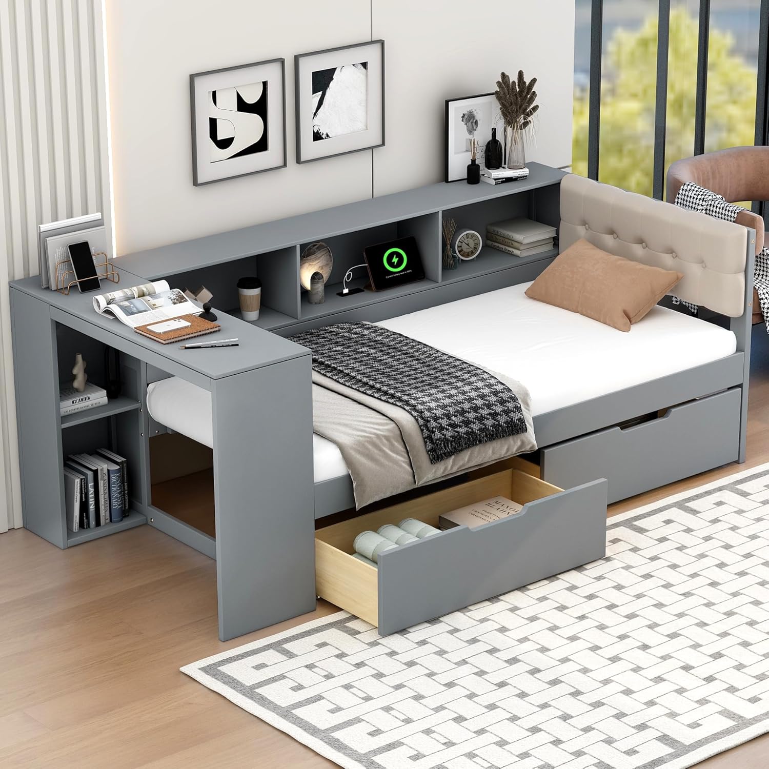 Bellemave Twin Size Corner Bed Frame with Storage Drawers and Desk,Captain Daybed with L-Shaped Bookcase,Corner Bed Frame Twin Size with Charging Station for Kids,Teens,Guests,Gray