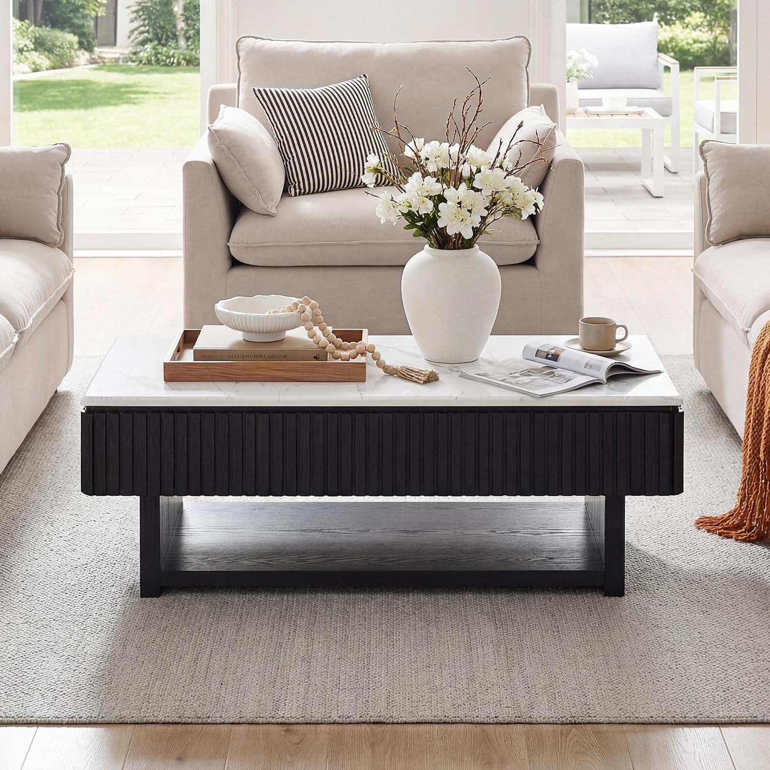 47.4' Lift Top Coffee Table with Drawer & Storage, Modern Fluted Coffee Table with Marble-Pattern Top & Solid Wood Strips, Rising Center Table for Living Room Apartment,Rectangle, Black & White