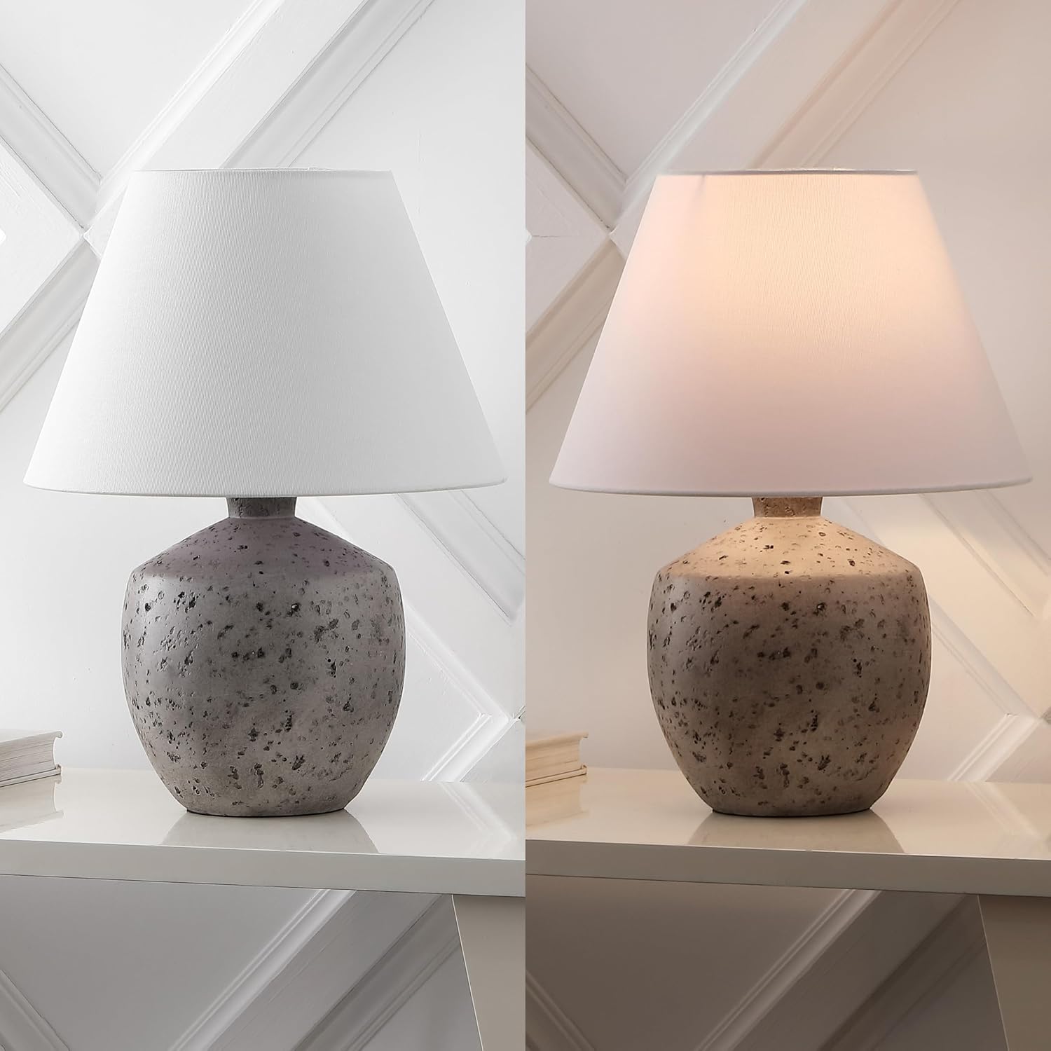 JONATHAN Y 18' Antique Gray Modern Concrete Effect Table Lamp Set of 2, Scandinavian Bedside Lamps for Bedroom Living Room, White Linen Shade, LED Bulbs Included JYL5606A-SET2