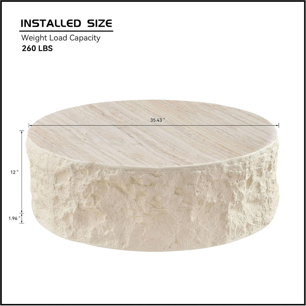 35.43'' Modern Round Coffee Table for Living Room, Faux Marble Stone Coffee Table, Minimalist Circle Center Side Table, Accent End Table for Bedroom Apartment Office, No Need Assembly, Beige