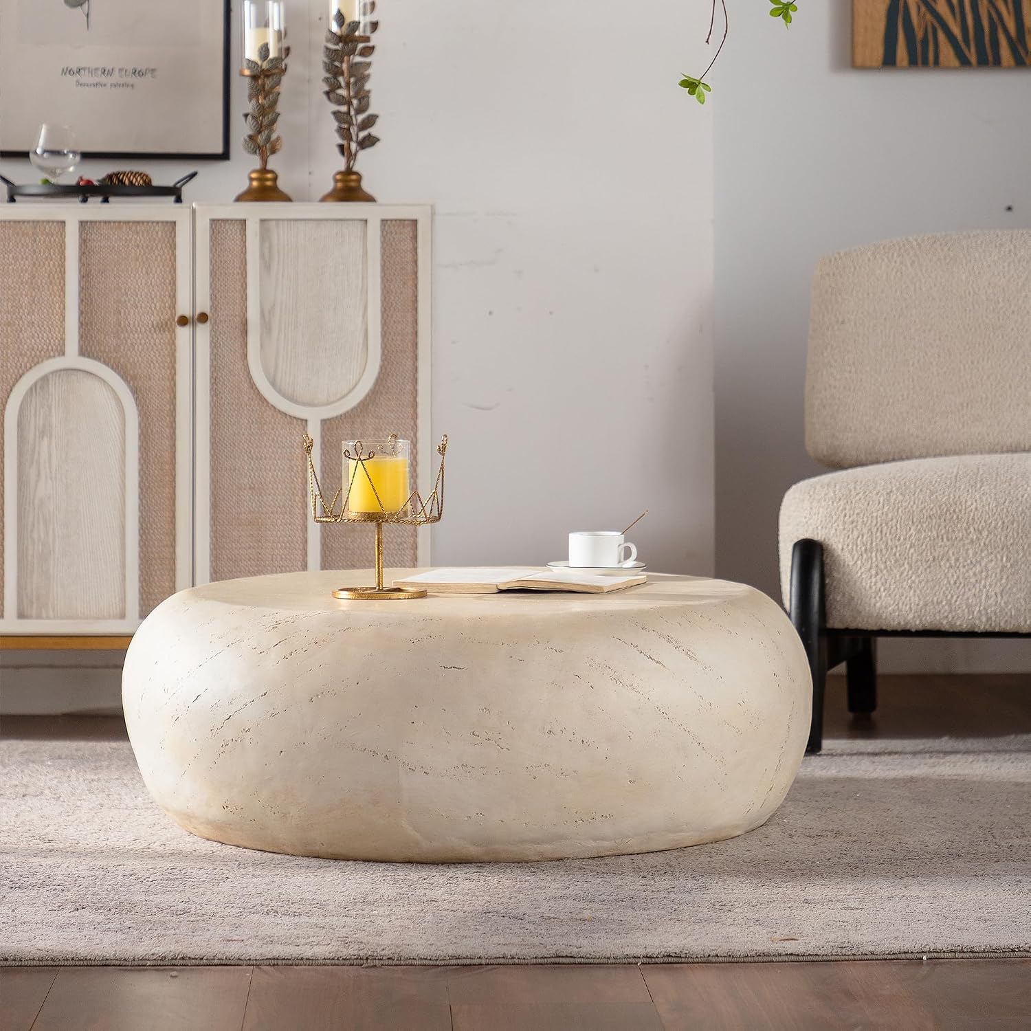 WILLIAMSPACE 35.43' Round Coffee Table Magnesium Oxide Center Table for Living Room, Mid-Century Modern Faux Stone Tea Table for Apartment, No Need Assembly - Amber, Beige