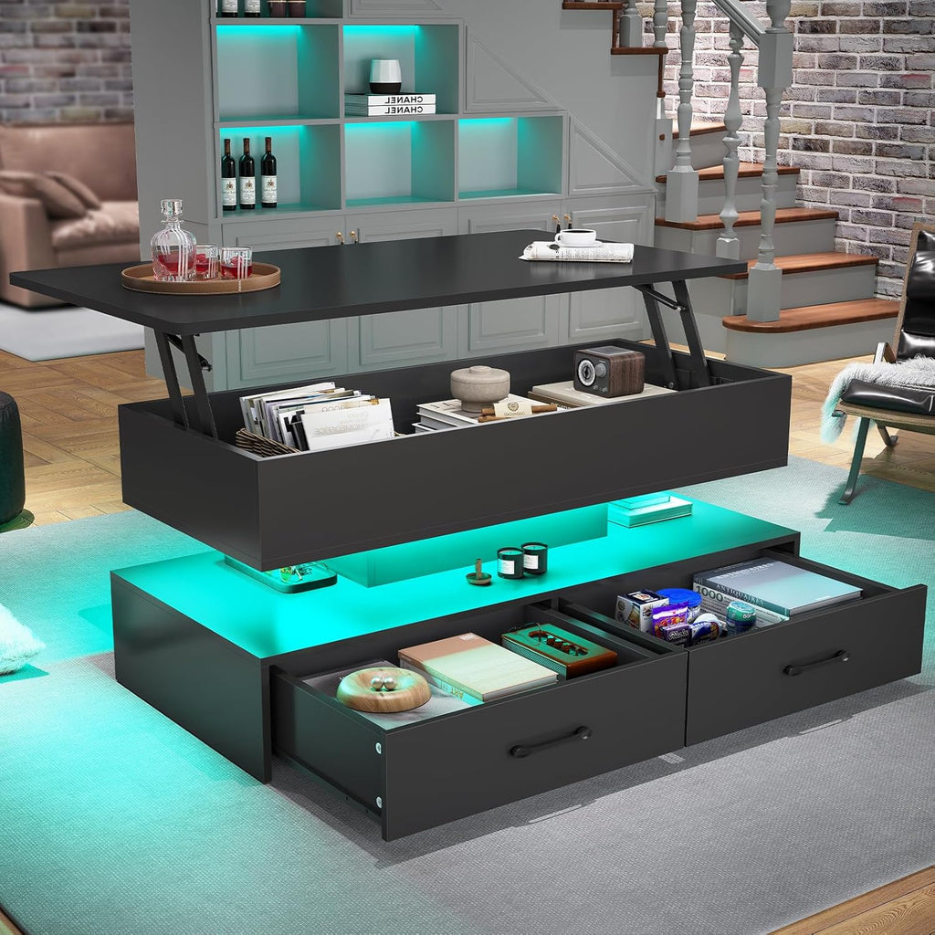 SEDETA 40' Lift Top Coffee Table, Coffee Tables with Storage for Living Room, Small Coffee Table with 2 Drawers & LED Light for Dining Reception Room, Black