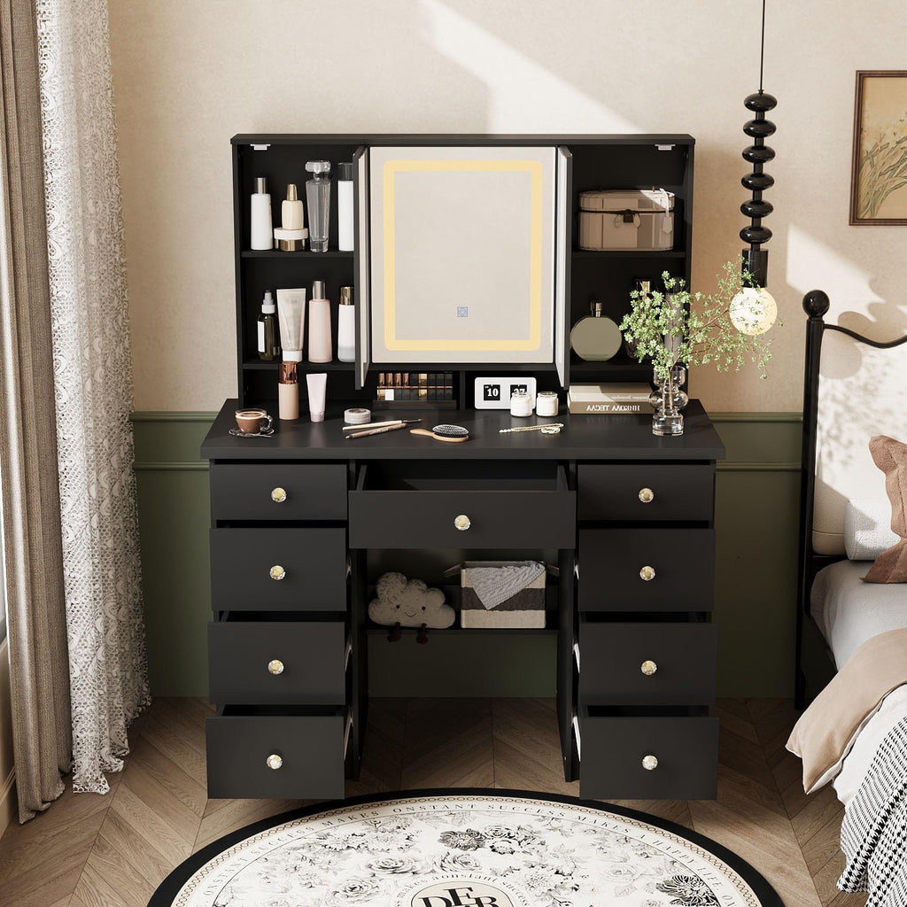 Timechee Vanity Mirror with Lights, Corner Vanity Desk with 9 Storage Drawers, 4 Large Shelves, 3 Color Lighting Options, Makeup Table Desk with Mirror for Bedroom, Restroom, Black