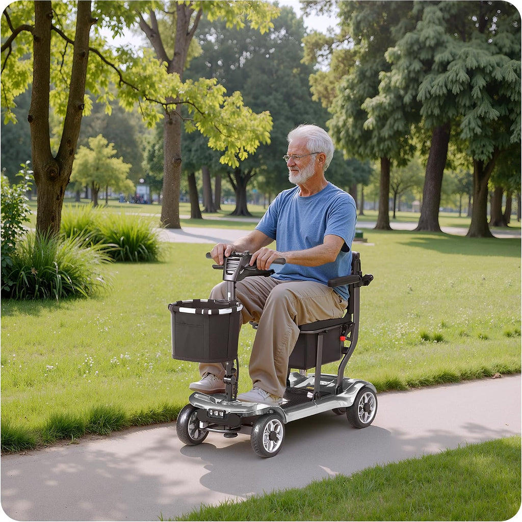 Foldable Mobility Scooter for Adults&Seniors - 43lb Lightweight Portable Motorized Scooters Airport Approved, 4 Wheel Travel Mobility Scooter w/Removable Battery, Dual Basket, 300lb Capacity, Silver