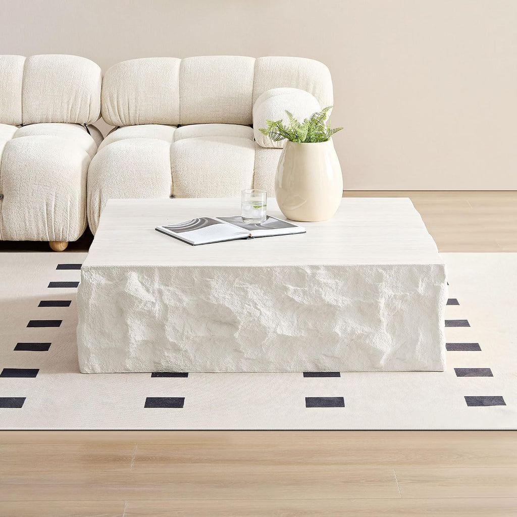 WILLIAMSPACE 35.4' Square Coffee Table Center Table for Living Room, Modern Drum Coffee Table with Imitation Stone Table for Apartment, No Need Assembly, Fiberglass (Beige Cement Stone Pattern)