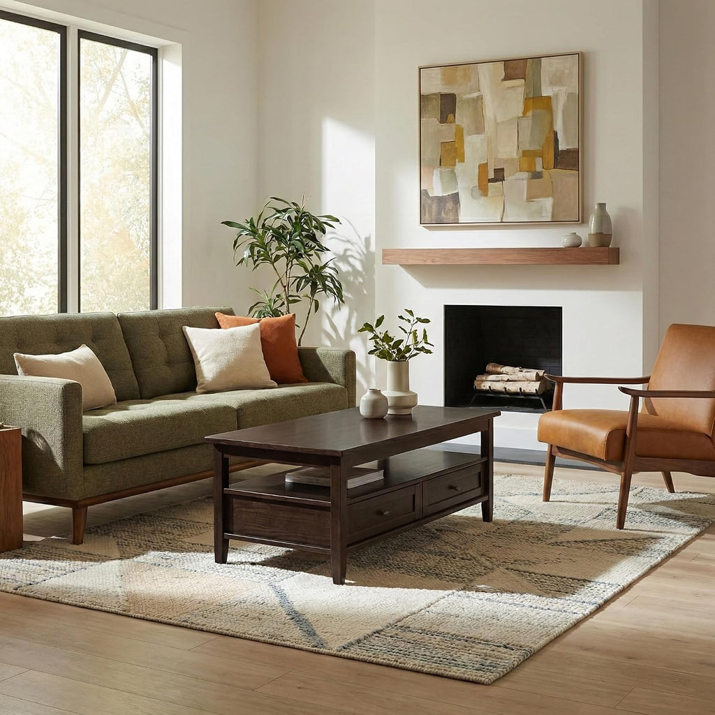 SIMPLIHOME Warm Shaker Coffee Table - 48 inch Wide Solid Wood Coffee Table in Tobacco Brown, Transitional Living Room Table with 2 Drawers, Open Shelf, Shaker Fronts and Tapered Legs