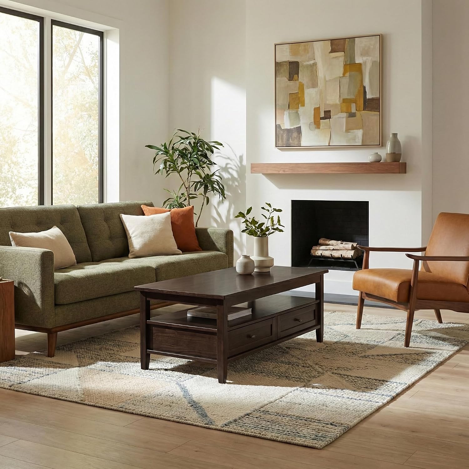 SIMPLIHOME Warm Shaker Coffee Table - 48 inch Wide Solid Wood Coffee Table in Tobacco Brown, Transitional Living Room Table with 2 Drawers, Open Shelf, Shaker Fronts and Tapered Legs