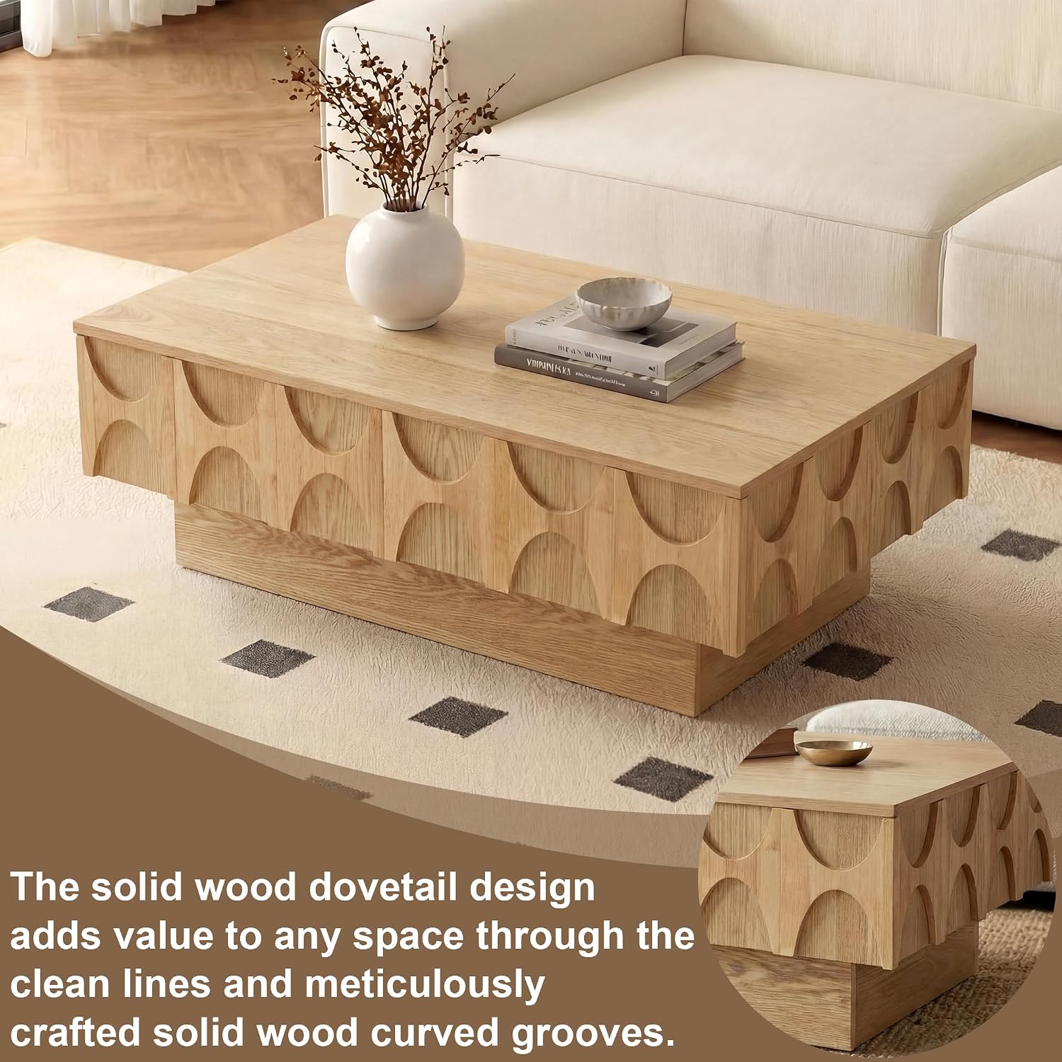 Solid Wood Veneer Coffee Table with Storage & Sliding Top, 38.6' Modern Mid Century Rectangle Center Table for Living Room, Home Office, Natural