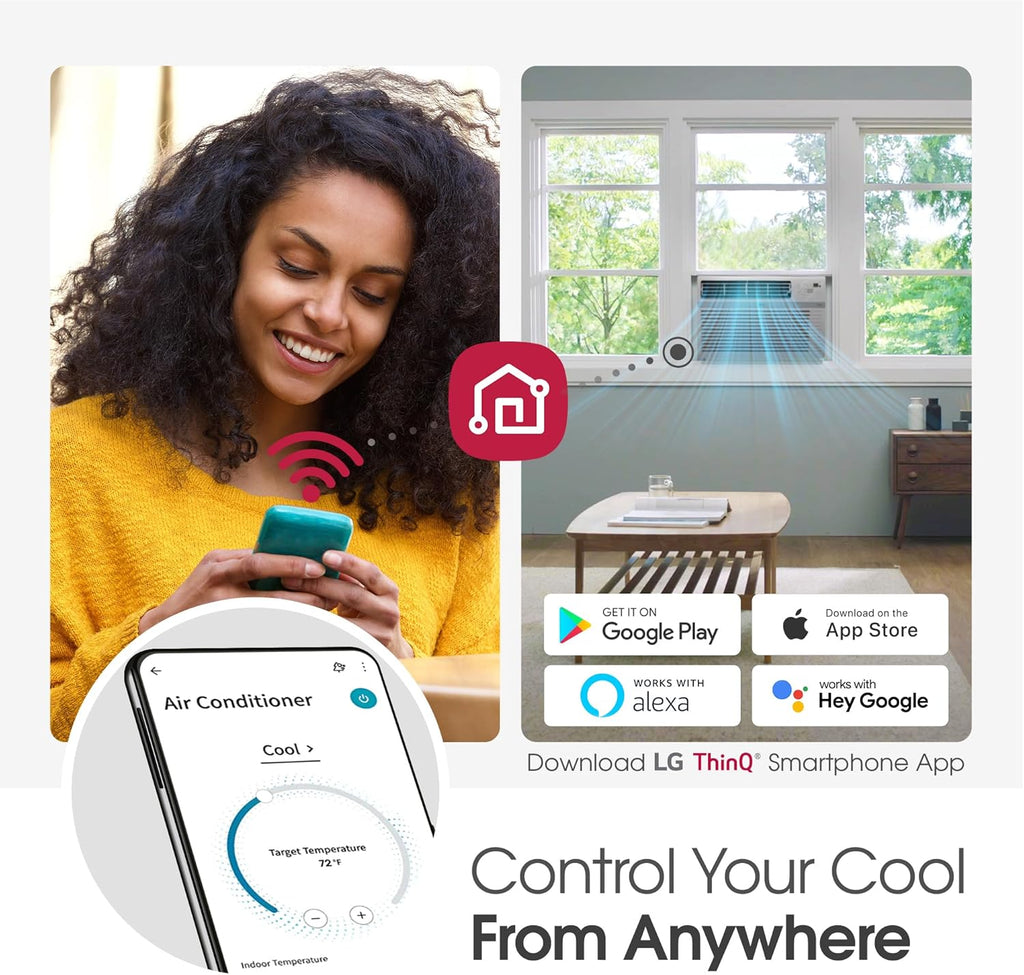 LG 6000 BTU Window Air Conditioner Energy Saving Dual Inverter, Remote Control, WiFi, LG ThinQ, Alexa, Hey Google Enabled Washable Filer Ultra-Quiet Cools Small Room up to 250 Sq.Ft White LW6023IVSM