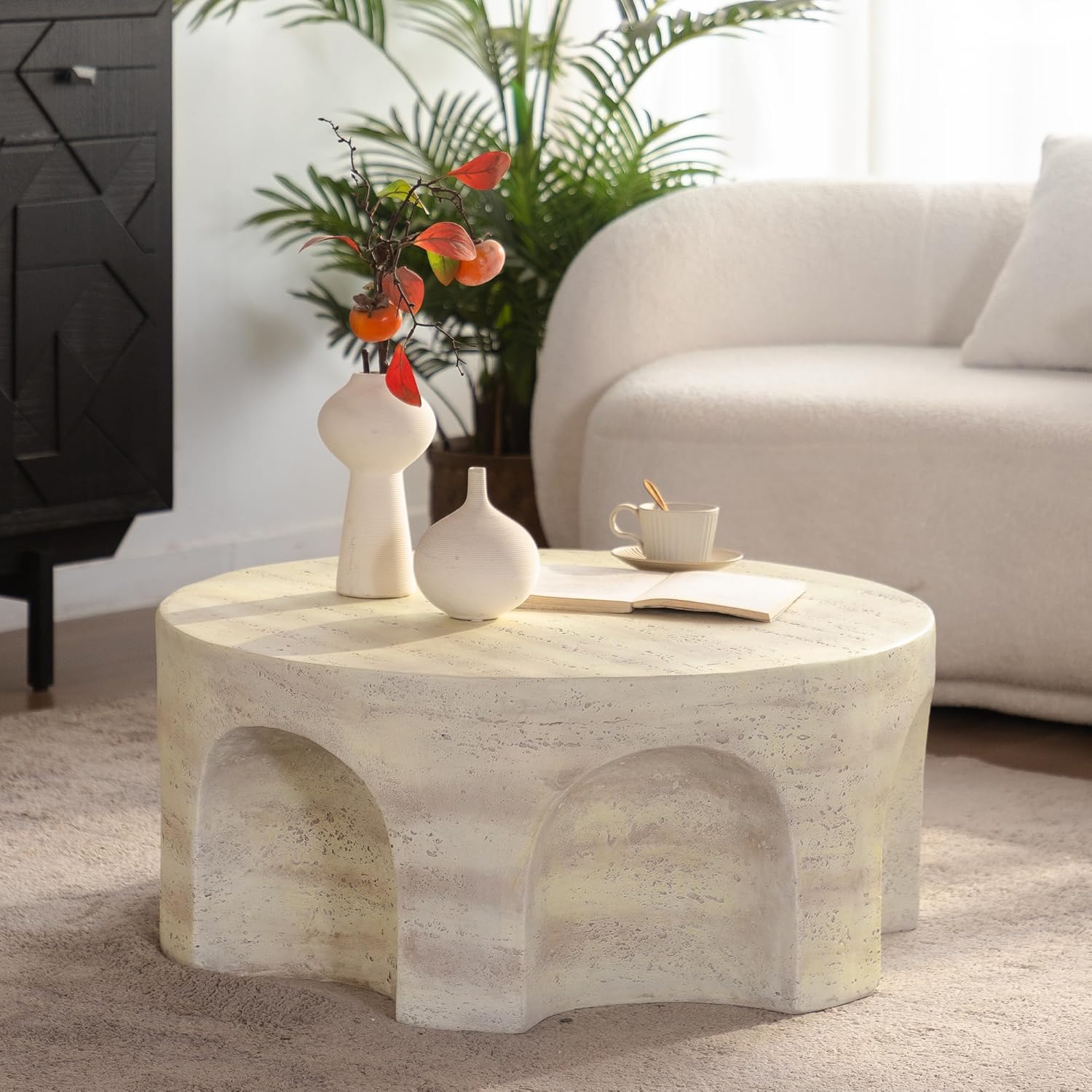 WILLIAMSPACE 31.5' Round Marble Coffee Table with Unique Arched Cutout Base, Modern Faux Stone Center Table Drum Coffee Tea Table for Living Room, Magnesium Oxide, No Assembly, Amber