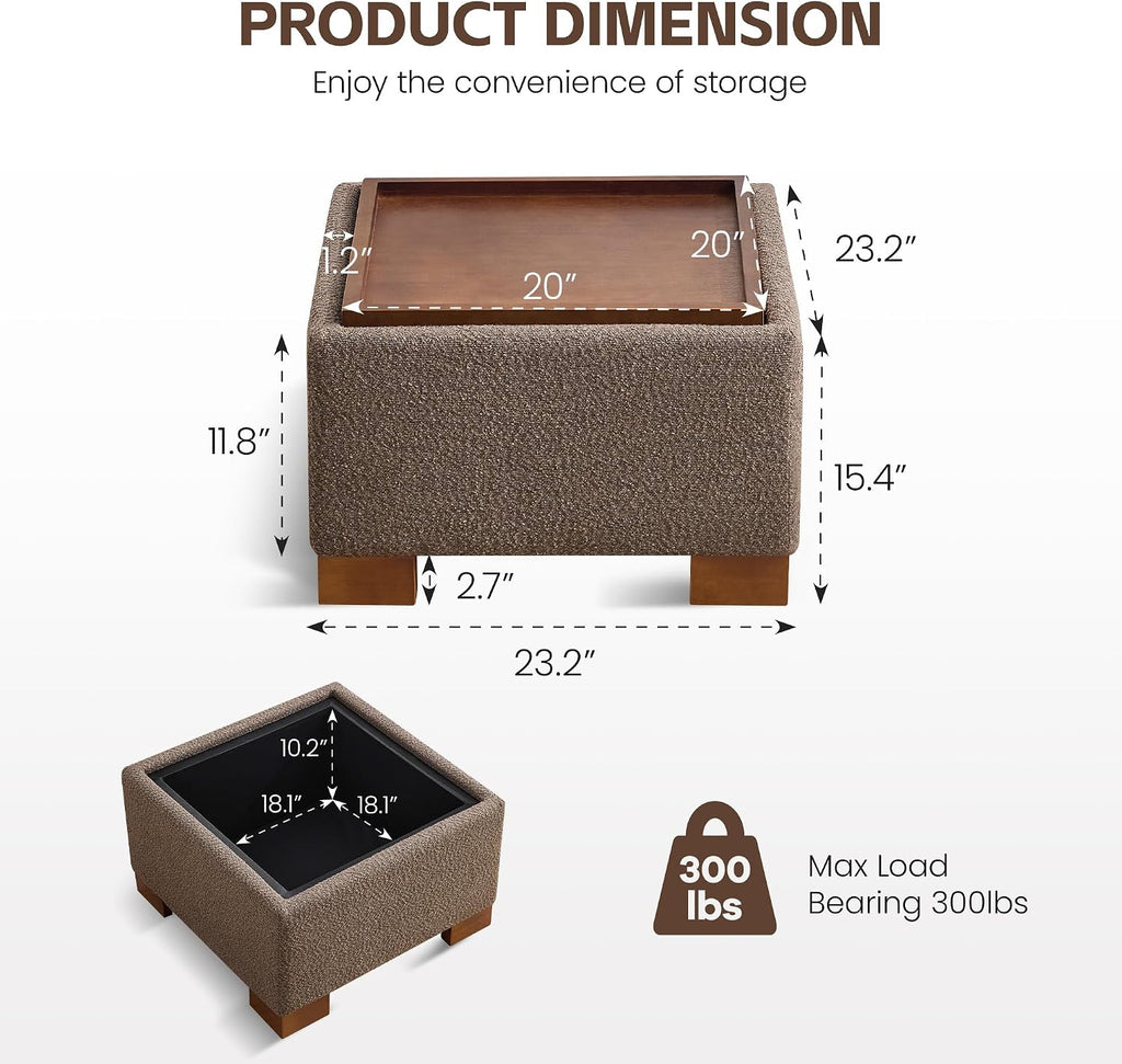 WUTUTUEE 24' Square Ottoman Coffee Table with Storage, Boucle Ottomans with Tray and Solid Wood Legs for Living Room, Bedroom and Apartments, Small Modern Ottoman Tea Table with Lift-Off Lid, Brown