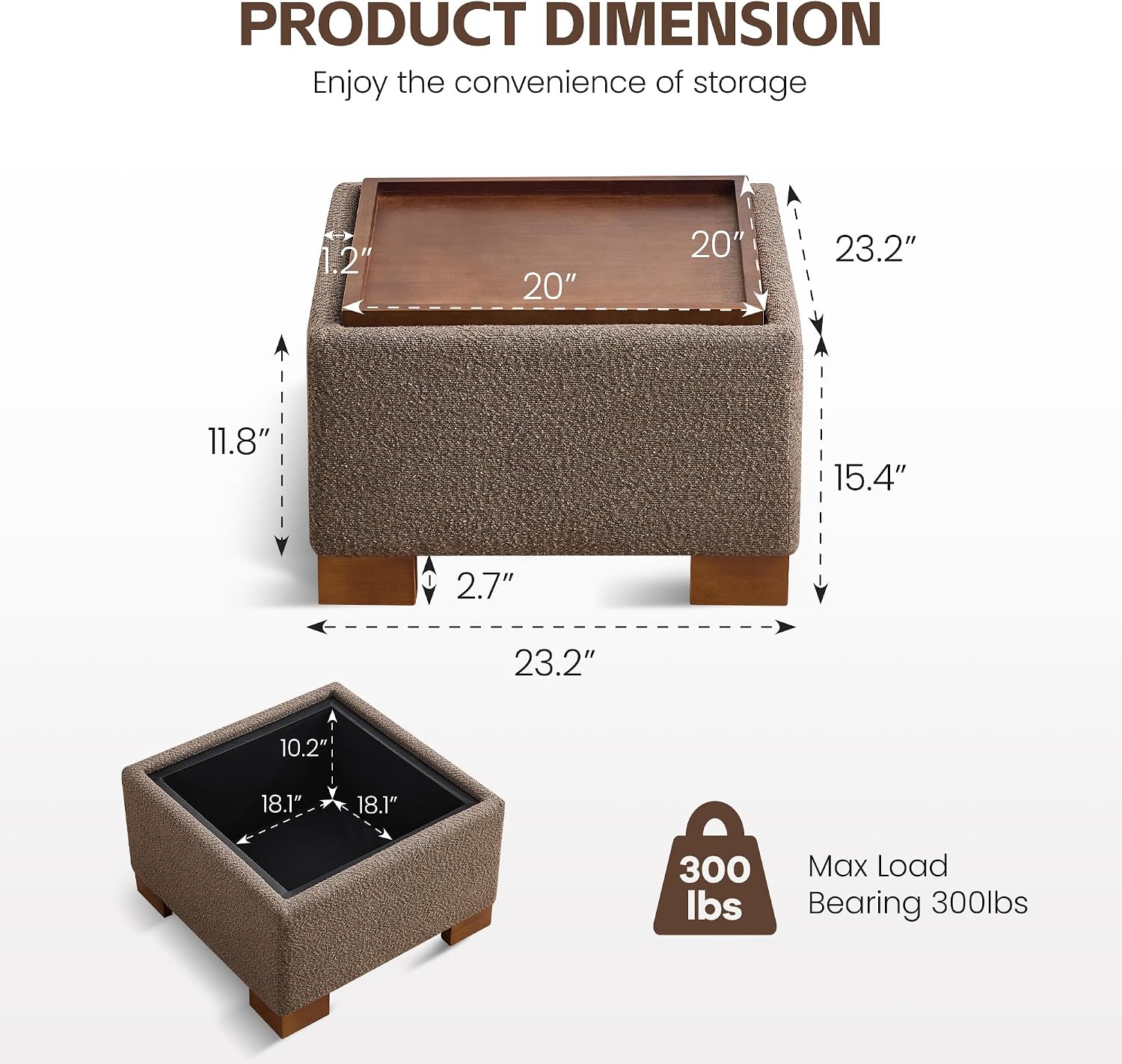 WUTUTUEE 24' Square Ottoman Coffee Table with Storage, Boucle Ottomans with Tray and Solid Wood Legs for Living Room, Bedroom and Apartments, Small Modern Ottoman Tea Table with Lift-Off Lid, Brown