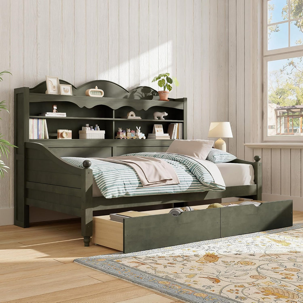 Harper & Bright Designs Corner Bed Frame Twin with Bookcase Headboard and Storage Drawers,Wood Day Bed Frame for Kids Teens,Antique Grey