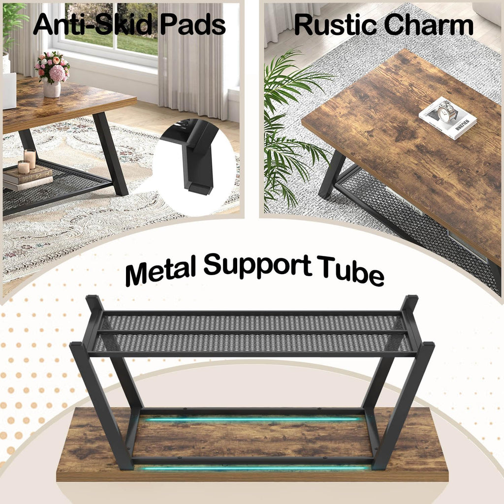 FOLUBAN Modern Coffee Table, Wood and Metal Coffee Tables for Living Room with Storage Shelf, Industrial Rectangle Cocktail Tea Table, Rustic Brown, 47 Inch