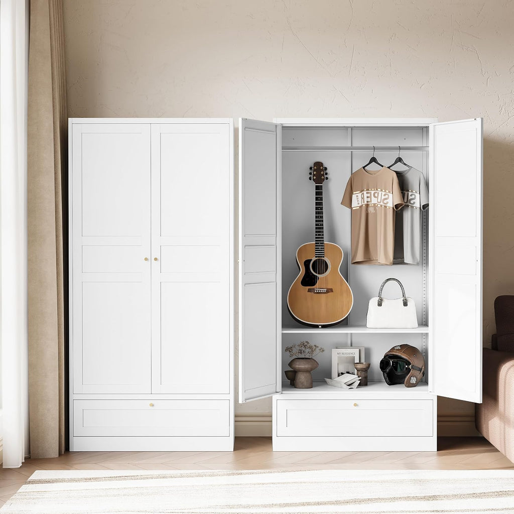 Letaya Wardrobe Closet,72' H Clothing Metal Storage Cabinet with Storage Drawer Adjustable Shelves and Hanging Rod,Bedroom Armoire Cabinet Clothes Organizer (White)