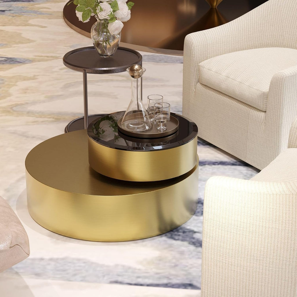 41 Inch Round Rotating Coffee Table with 360 Degree Swivel Top and 2 Tier Design, Brushed Brass Stainless Steel Frame with Black Tempered Glass, Modern Center Table for Living Room or Office