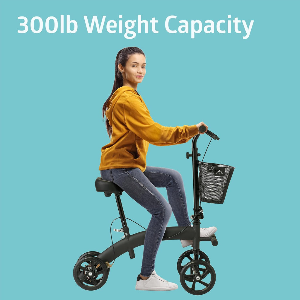 Medline Manual Seated Mobility Scooter Knee Walker, 8' Wheels, 300 lbs. Capacity, Black- for Leg & Foot Injuries, Crutch Alternative, 1 Ct.